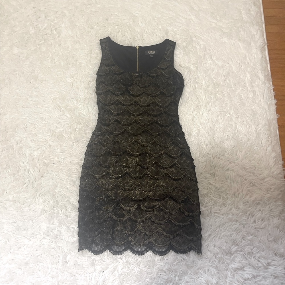Guess Dress: black and gold scalloped fringe design